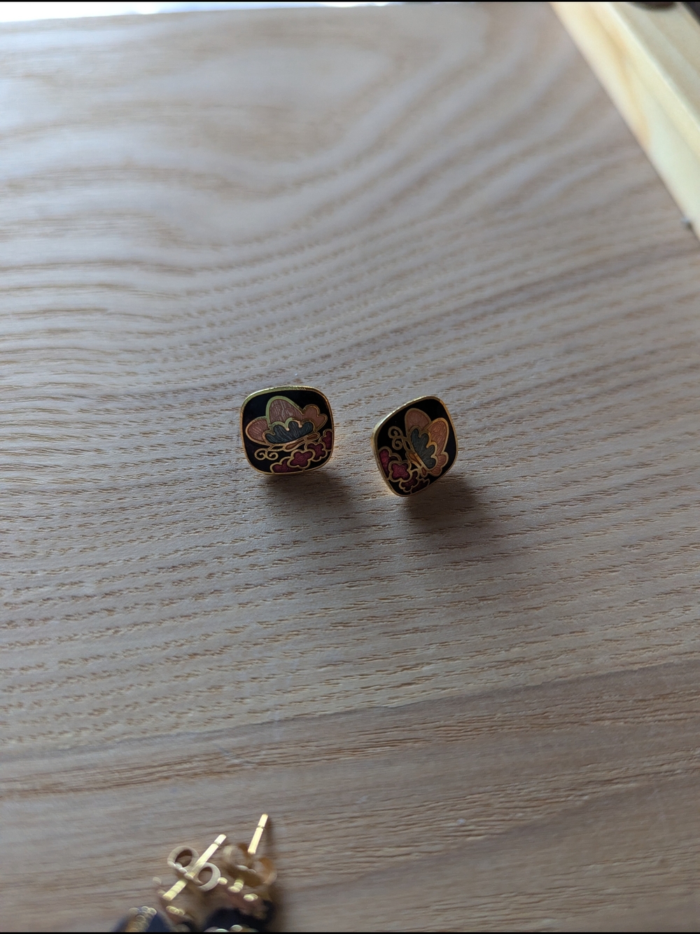 Gold-Tone Floral Cloisonné Stud Earrings - Black & Pink